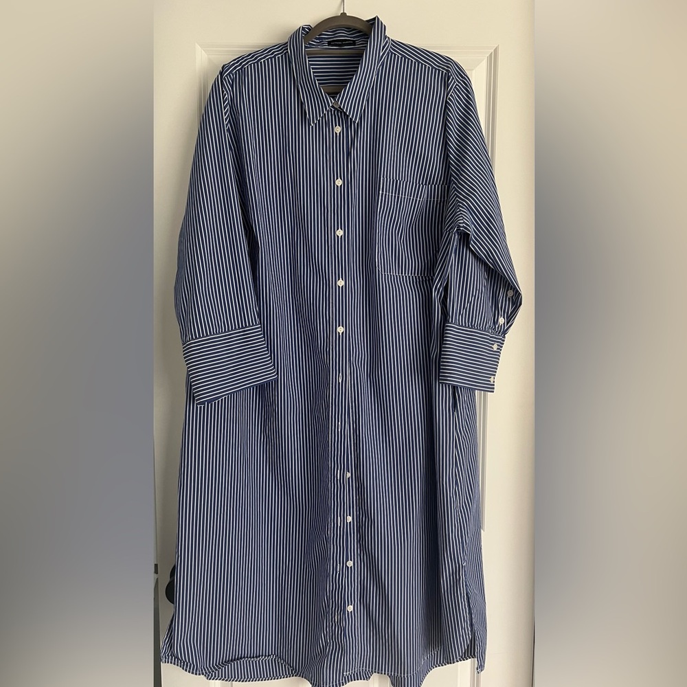 Universal Standard Navy and White Striped Long Sleeve Shirt Dress